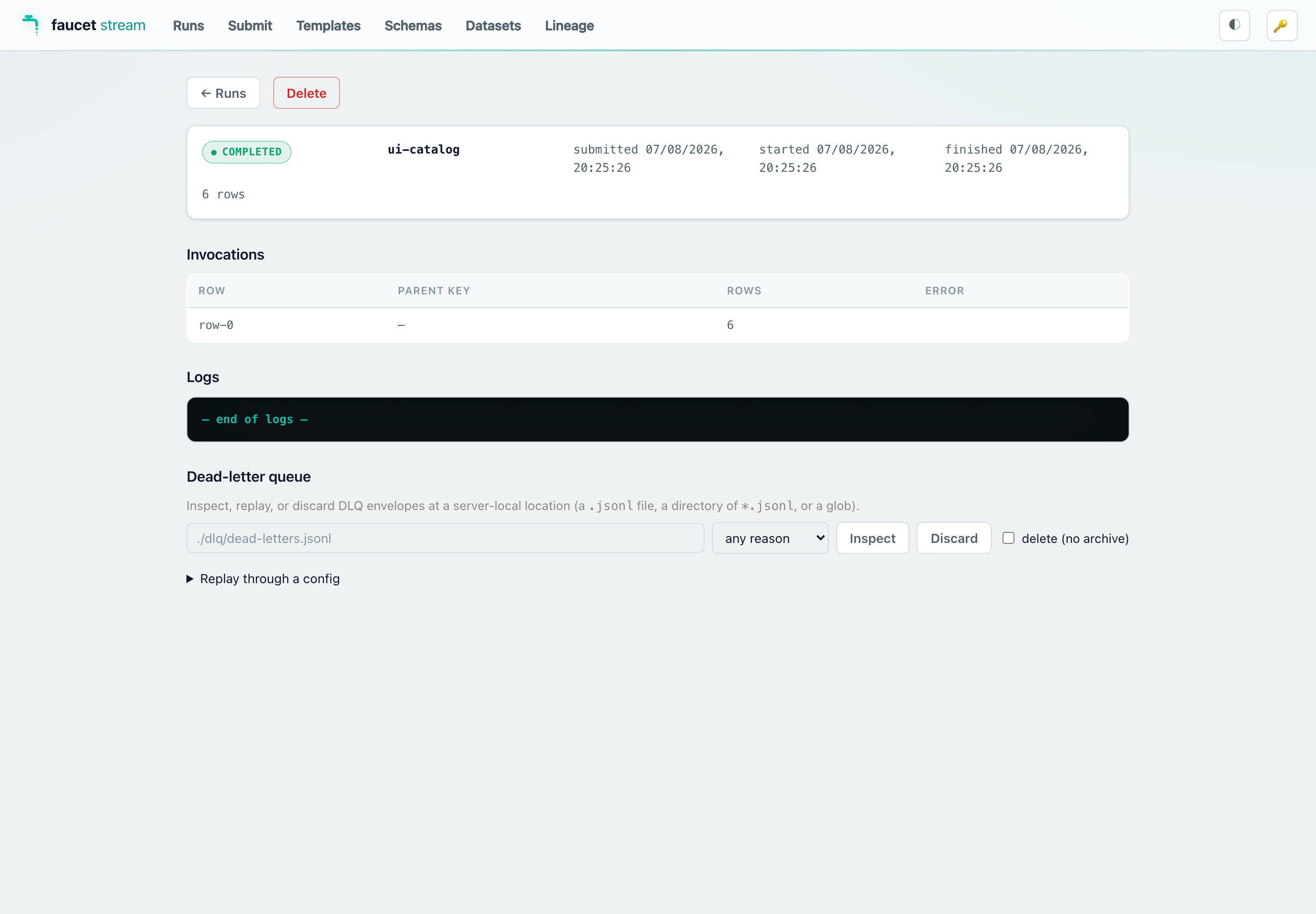 A run’s detail view showing the status summary, invocations table, live log panel, and the dead-letter-queue inspect/replay/discard panel