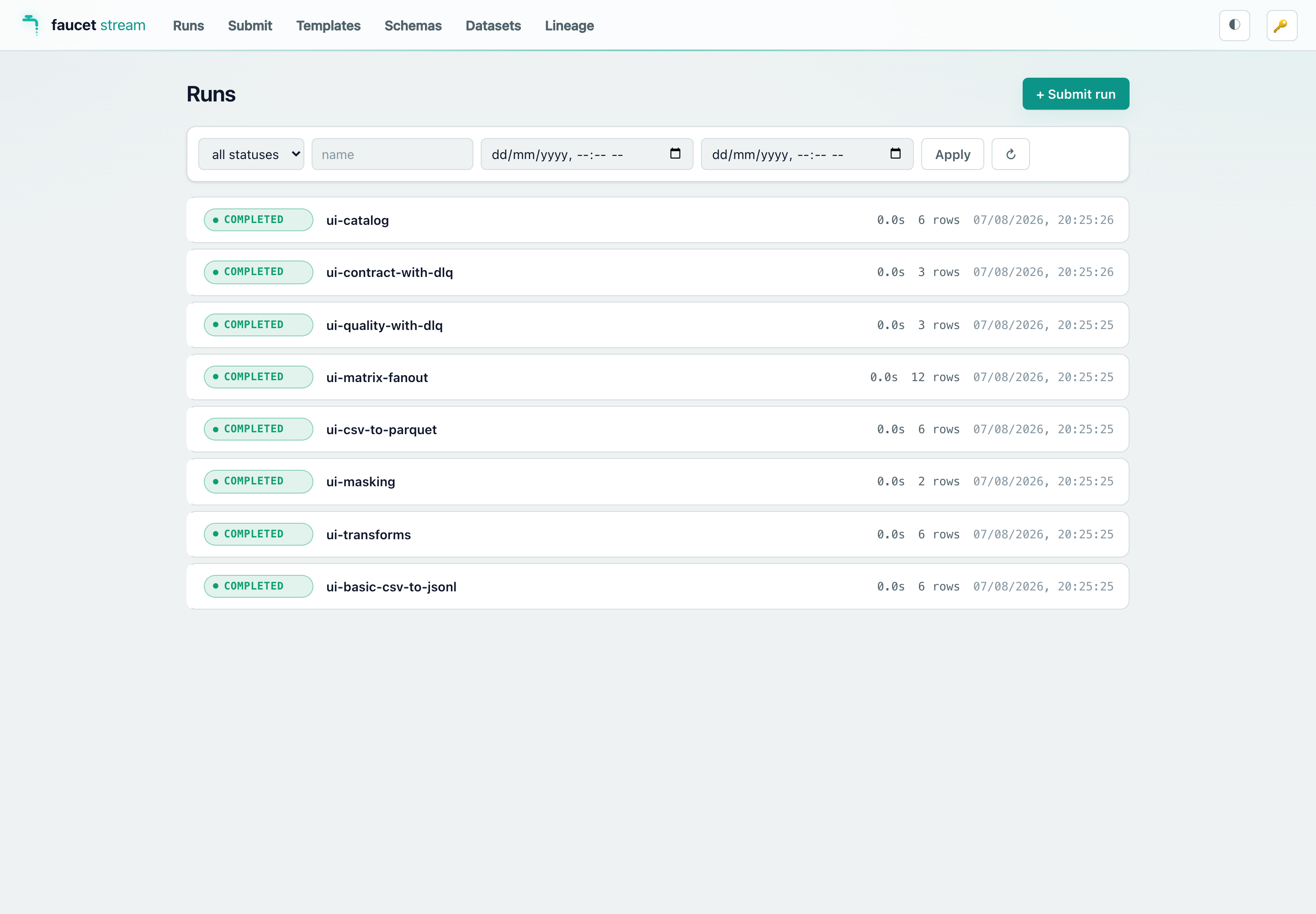 The Runs dashboard, listing completed runs with status badges, record counts, and timestamps
