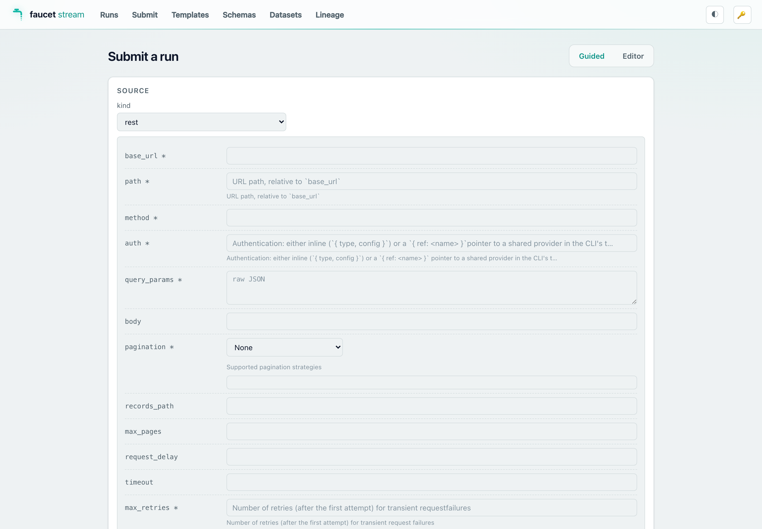 The Submit view in guided mode: a schema-driven form generated from the selected connector’s JSON Schema