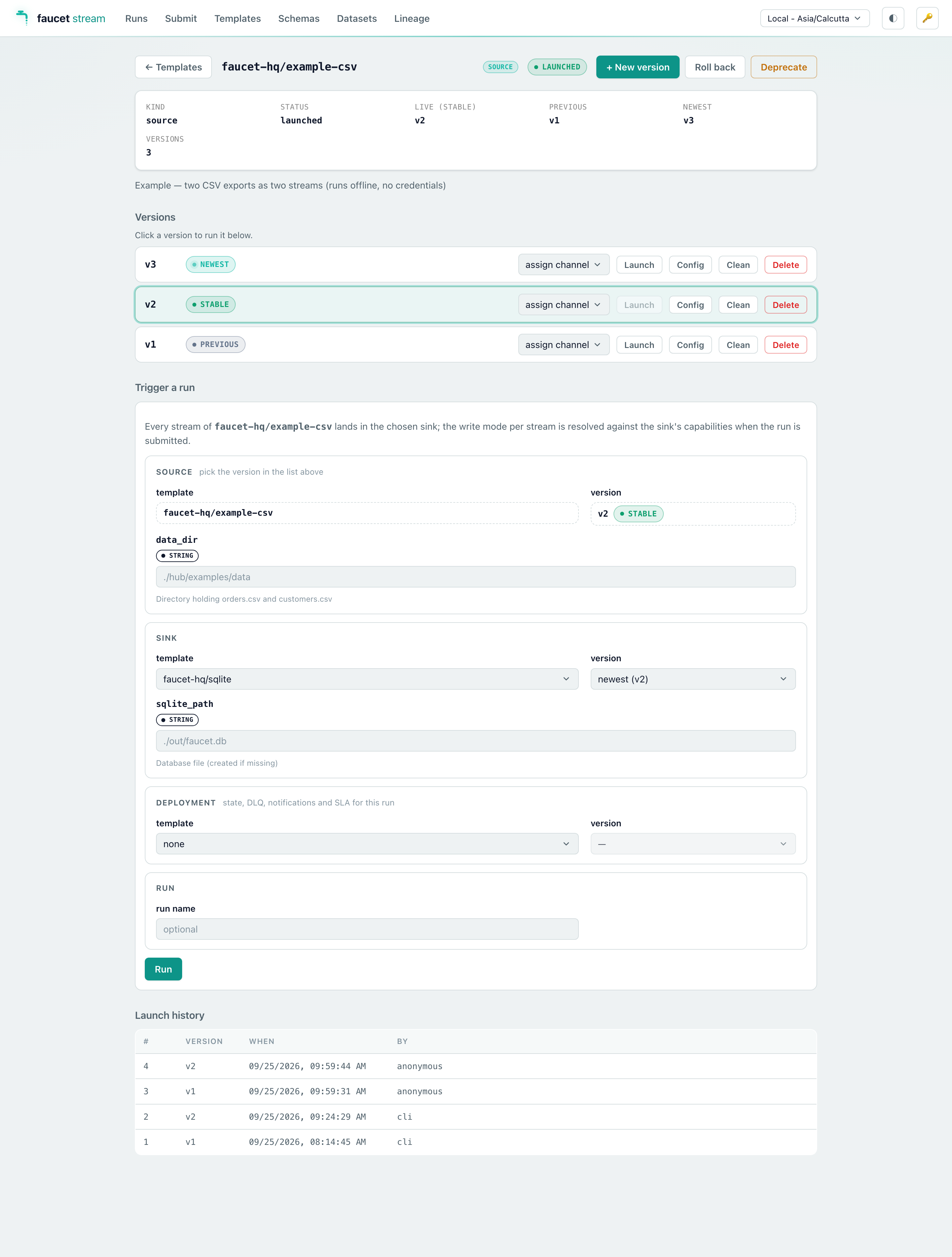 The versions page for the example-csv source template: the trigger form with a sink-template dropdown, sink version and deployment selector beside the source’s own params, the sink’s param tagged