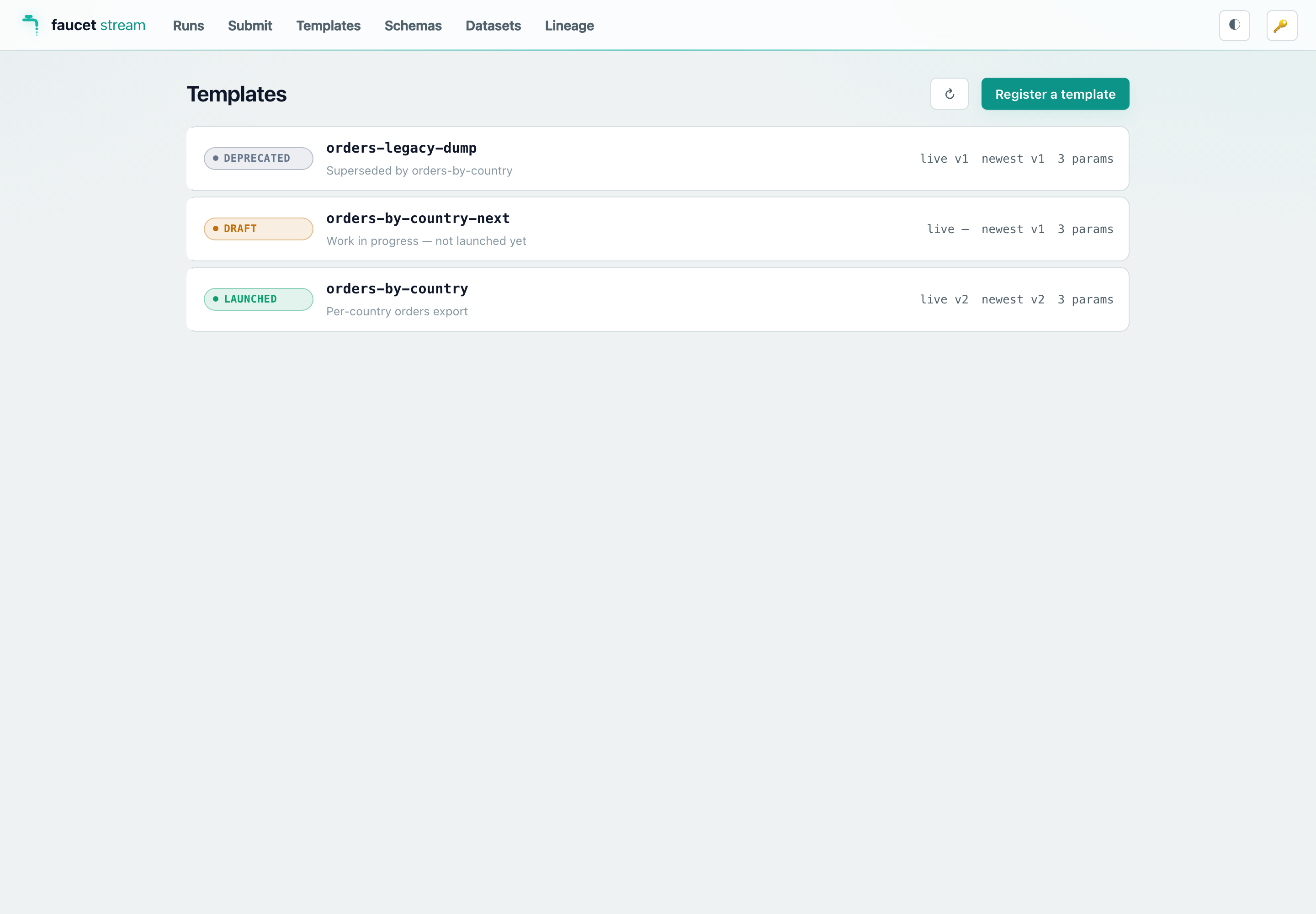 The Templates view listing three templates — one deprecated, one draft, one launched — each with its live and newest version